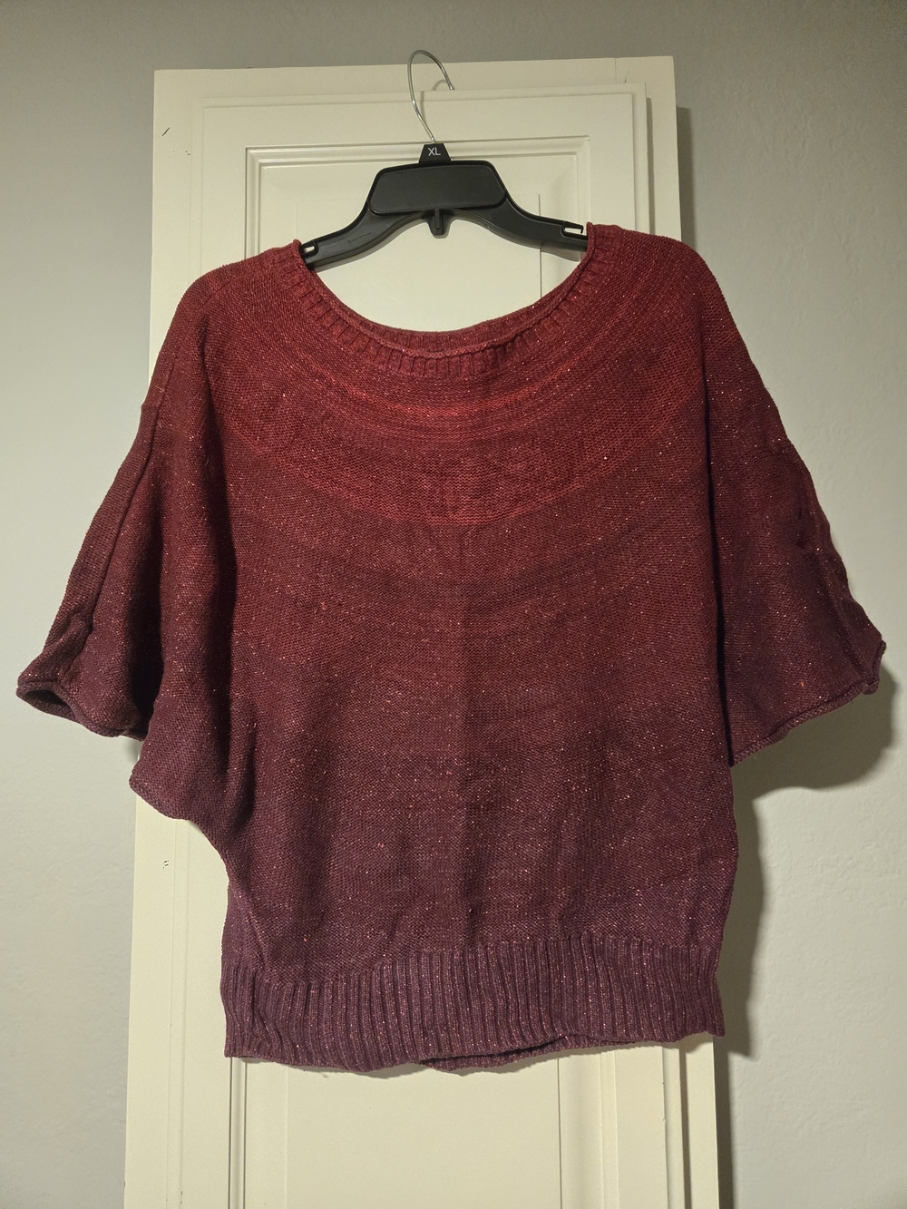 Metallic Sheen Maroon Short-Sleeve Knit Sweater